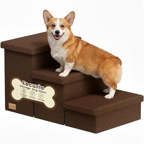 3-Step Wide Dog Stairs with Storage 18" H, Non-Slip Sturdy Pet Steps for High Bed Couch Window, Pet Stairs for Small/Medium/Large Old Dogs Cats Up to 200lbs, Cat Dog Steps for Car/SUV, Coffee by Fecuria