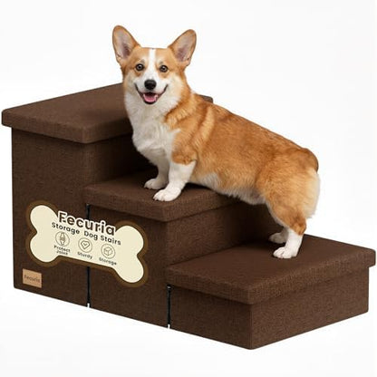 3-Step Wide Dog Stairs with Storage 18" H, Non-Slip Sturdy Pet Steps for High Bed Couch Window, Pet Stairs for Small/Medium/Large Old Dogs Cats Up to 200lbs, Cat Dog Steps for Car/SUV, Coffee by Fecuria