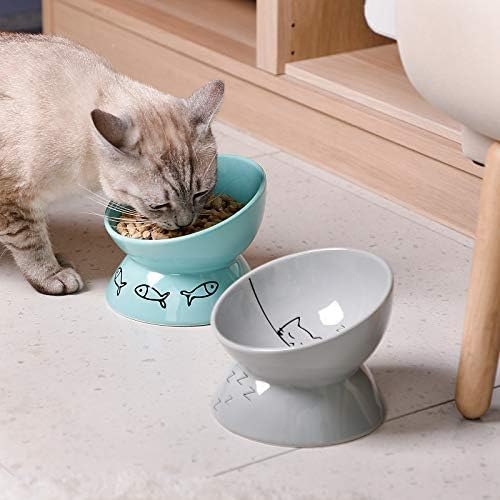 Sweejar Ceramic Raised Cat Bowls, Slanted Cat Dish Food or Water Bowls, Elevated Porcelain Pet Feeder Bowl Protect Cat's Spine, Stress Free, Backflow Prevention(Grey) - Image 6