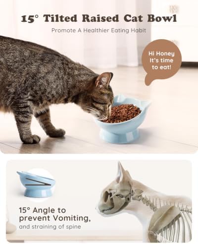 Raised Cat Food Bowl Ceramic 15° Tilted Cat Food Bowls Protect Cat's Spine Anti Vomiting Backflow Prevention Bowls for Adult Kitty, Kitten, and Small Dogs, Blue - Image 3