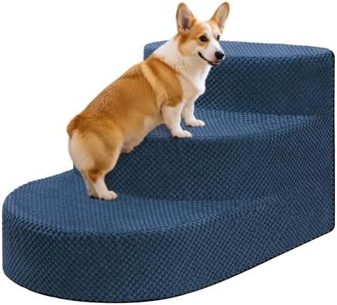 Dog Stairs 3 Steps Foam Pet Ramp for Small Dogs Cats, Navy Blue by NECKORY