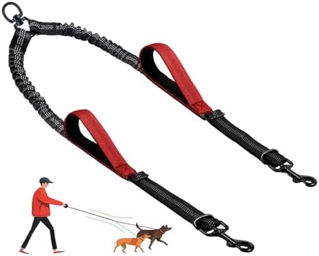 Double Dog Leash - No Tangle Splitter for Two Dogs, Coupler with Adjustable Long Lead Rope, Dual Control Handles, Retractable No Pull Bungee, Walk Train Small Medium Large 2 Pets (Red) by LEOSASA