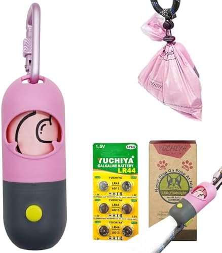 Dog Poop Bags Holder with LED Flashlight|Pet Waste Bags Dispenser for Leash|Doggie Potty Bags Container with Leak-proof Pet Trash Bags and Accessories (1 Holder 15 Bags, Pink) by YUCHIYA