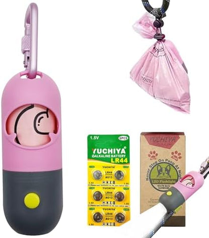 Dog Poop Bags Holder with LED Flashlight|Pet Waste Bags Dispenser for Leash|Doggie Potty Bags Container with Leak-proof Pet Trash Bags and Accessories (1 Holder 15 Bags, Pink) by YUCHIYA