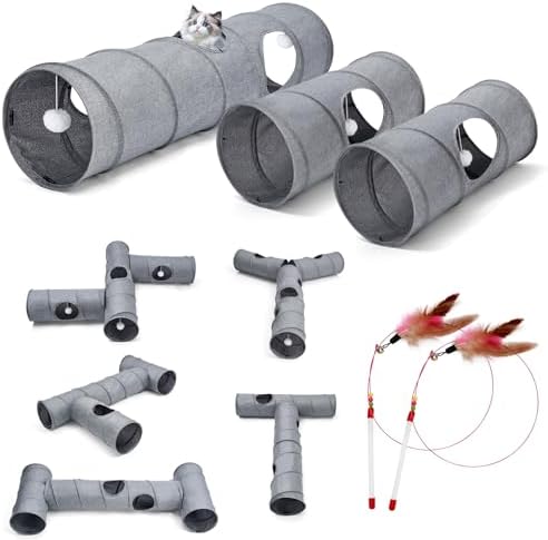 Cat Tunnel, 3 Straight Shaped Tunnels 6 DIY Shapes with Wand Toys, No Noise Scratch Resistant Cool Linen Fabric, Interactive Pet Tunnel Tube for Indoor Cats, Puppy and Rabbits by Odoland