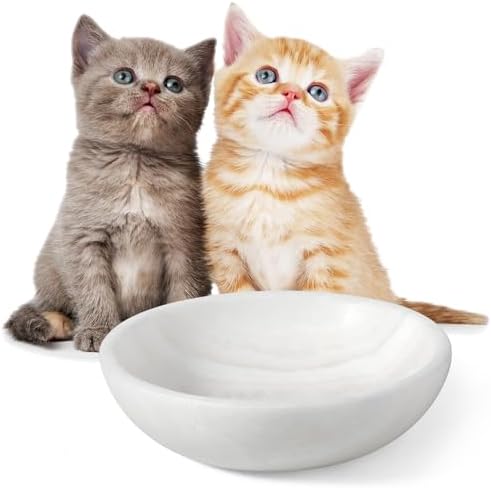White Cat Bowl, Marble Food and Water Bowl for Cat and Small Dog, Heavyweight 1.5lb Non-Tip Pet Food Dish with Slip-Proof Pad, Premium Stone Feeder for Elegant Home Decor by Karibiber