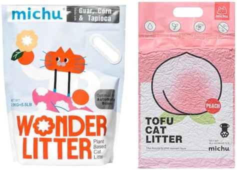 Michu Tofu Cat Litter Natural Clumping Tofu Cat Litter 5.5lb/88oz 5 Scents (Peach + Wonder Litter, 2 Pack) by Michupet