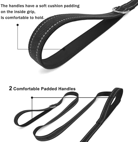 6 FT Black Nylon Reflective Dog Leash for Large Dogs with 2 Padded Handle - Image 4