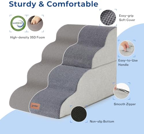 ZOMISIA Dog Stairs Ramp for Bed 19.7" H - Pet Stairs Steps for Small to Medium Dogs to Get on Bed and Couch, 35D Foam with Non-Slip Bottom Beige, 4 Steps - Image 3