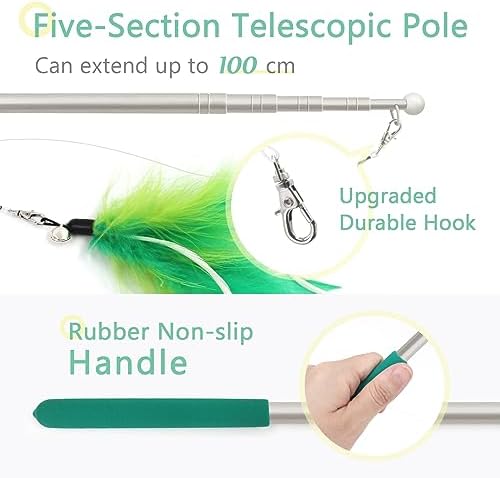 SONGWAY Cat Feather Toys Wand - 7 Pcs Interactive Cat Toys for Indoor Cats Kittens, Retractable Cat Wand with 6 Feather Teaser Refills with Bell, Cats Fishing Pole Toy, Green - Image 4