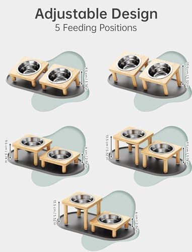 NiHome Elevated Cat Bowls with Mat, Adjustable Bamboo Stand, 2 Steel Bowls - Image 2