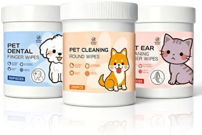 3 in 1 Pet Cleaning Wipes Kit for Dogs & Cats - 50 Ear + 200 Eye + 50 Dental Finger Wipes - Gentle Grooming Wipes for Small Pets with Coconut Oil & Chamomile by PROCRAAN