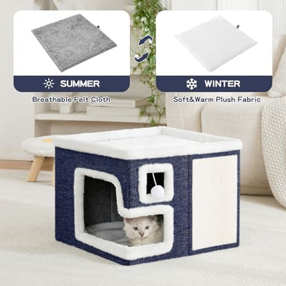 Cat Houses for Indoor Cats, Covered Cat Cave Bed with Scratch Pad and Fluffy Ball, Foldable Cat Hideaway Condo for Large Cats, Modern Kitten Bed,16.5x16.5x13 inches (Blue, Large) - Image 4