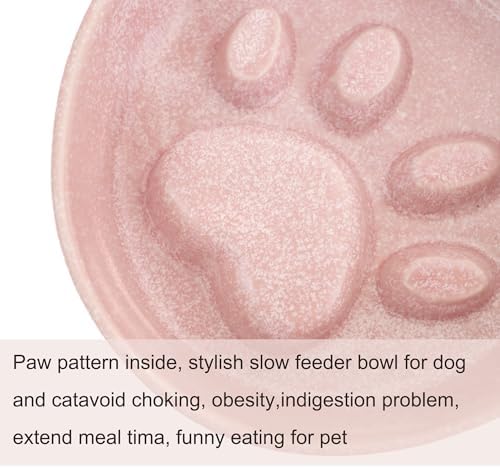 Ceramic Slow Feeder Bowl, 6.69 x 5.7 inches, Elevated Design with Paw Pattern, for Cats and Small Dogs (Pink) - Image 2