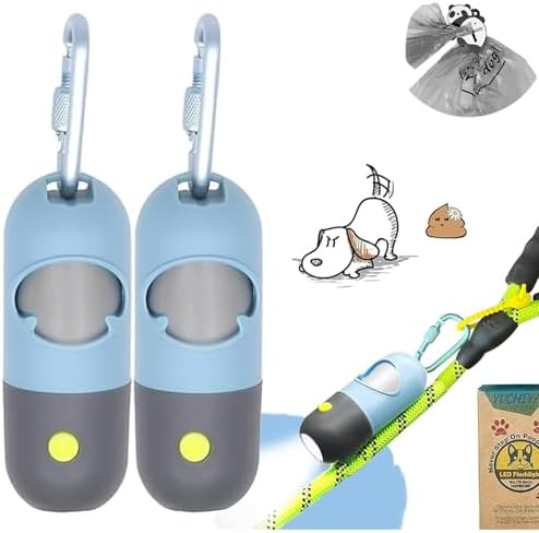 Dog Poop Waste Bags Holder with LED Flashlight|Cute Doggie Poo Bags Dispenser for Pet Leash|Trash Waste Bags Carrier with Potty Bags Clip Fastener LR44 Button Cells Included(2 Pack) (Sky Blue) by YUCHIYA