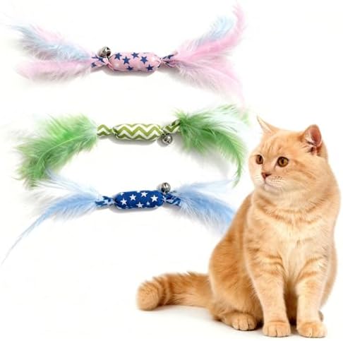 Catnip Toy Candy Shape with Bright Colors Feathers & Bell, Kicker Chew Toy for Indoor Cats, Enrichment Toys for Bored Kittens & Adult Cats, 3-Pack Crinkle Plush Toys for Teething and Play by CealumVita