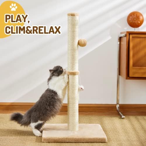 MeowHomm 32” Tall Cat Scratching Posts for Indoor Cats Adults with 2 Hanging Ball, Large Cat Scratch Post Cat Scratcher Includes Sisal Rope(Yellow) - Image 4