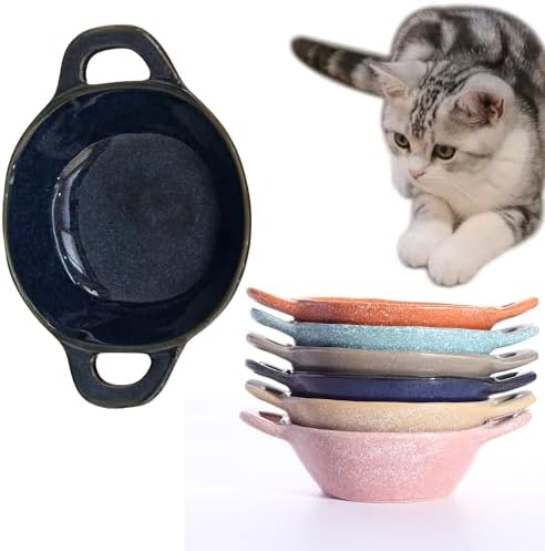 Ceramic Cat Bowl Cats Dishes for Food and Water, 8.3 Inch Dog Bowls, 7 oz Ceramic Cat Food Bowl, Whisker Fatigue Pet Plate, Pet Water Bowls with Handle Perfect for Indoor Cats (Dark Blue) by Padolitlay