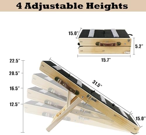 2-in-1 Indoor Pet Ramp, Wooden Folding 4-Tier Pet Stairs with Non-Slip Carpeted Steps, Ramp Perfect for Bed and Couch, 12.5" to 22.5" Height Adjustable (31.5x15) - Image 2