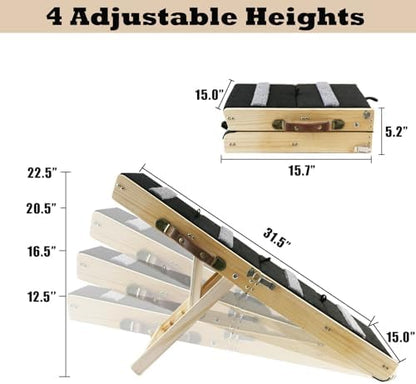 2-in-1 Indoor Pet Ramp, Wooden Folding 4-Tier Pet Stairs with Non-Slip Carpeted Steps, Ramp Perfect for Bed and Couch, 12.5" to 22.5" Height Adjustable (31.5x15) - Image 2