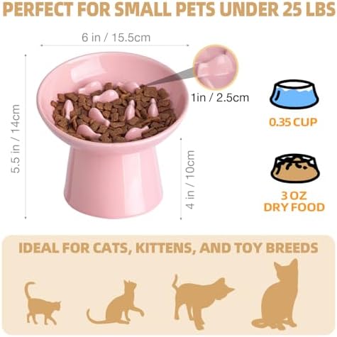 Ceramic Elevated Slow Feeder Cat Bowl - 6" Raised Cat Food Bowl for Bloat Relief & Anti-Vomiting, Whisker Friendly Ceramic Cat Slow Feeder for Indoor Cats, Kittens, Puppies - Pink(1pc) - Image 2