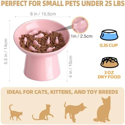 Ceramic Elevated Slow Feeder Cat Bowl - 6" Raised Cat Food Bowl for Bloat Relief & Anti-Vomiting, Whisker Friendly Ceramic Cat Slow Feeder for Indoor Cats, Kittens, Puppies - Pink(1pc) - Image 2