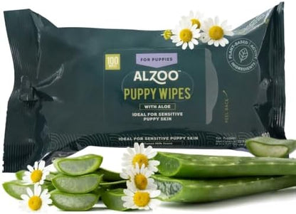 ALZOO Puppy Wipes for Sensitive Skin, Grooming Wipes with Organic Aloe Vera, Daily Cleaning for Paws, Coat, Face & Body, Sweet Milk Scent, 100 Count, Made in USA - Image 2