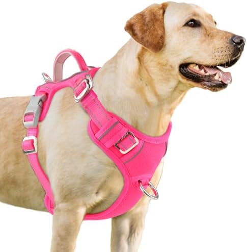 BARKBAY No Pull Dog Harness 3 Buckles Large Reflective Dog Harness with Front Clip and Easy Control Handle for Walking Training Running with ID tag Pocket(Pink,S) by BARKBAY
