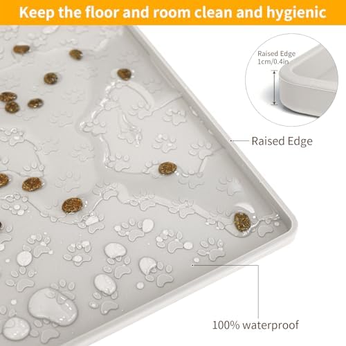 Ptlom Dog Food Mat Anti-Slip Bowl Mats for Food and Water, Waterproof Silicone Pet Placemat with High Raised Edges, Non-Slip Puppy Feeding Tray for Small, Medium Large Cats Dogs, Cream, 11.8"x11.8" - Image 5