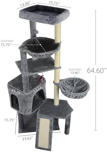 Wang Xin Four Layer Big Cat Tree with Huge Cat Condo and Two Hammocks Scratch Pad,Grey - Image 2