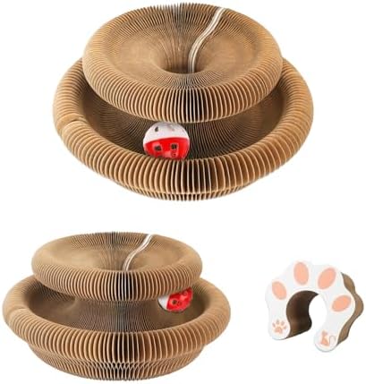 2pcs Cat Pad Scratcher Toys, Magic Organ Cat Toy & Kitty Curls Cat Toy, Interactive Cardboard Cat Scratching Board with Bell Balls, Corrugated Scratcher for Indoor Cats, Light Brown by ExploreHomlume