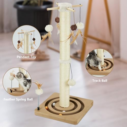 PEEKAB Cat Scratching Post Sisal Scratch Posts for Indoor Cats and Kittens,30 Inches Tall with Tracking Ball Interactive Toys and Hanging Balls Beige - Image 2