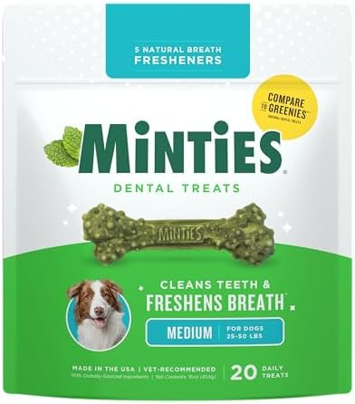 Minties Dental Chews for Dogs, 20 Count, Vet-Recommended Mint-Flavored Dental Dog Treats for Medium Sizes 25-50 lbs, Bones Clean Teeth, Fight Bad Breath, and Removes Plaque and Tartar by Minties