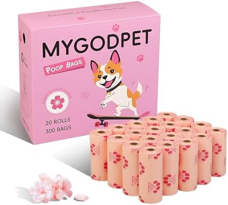 Dog Poop Bags Rolls 300 Count Biodegradable Poop Bags Refills for Dog and Cat Cherry Blossom Scented Waste Bag Leak Proof Doggie Poop Bag Doggy Trash Bag Pink by MYGODPET