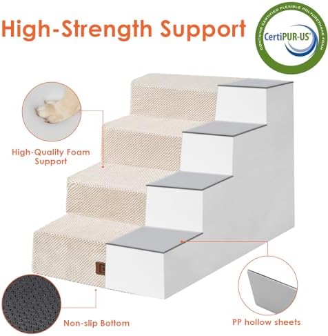 EHEYCIGA Dog Stairs for Bed 20" H, 4-Step Extra Wide Dog Steps, Beige - Image 3