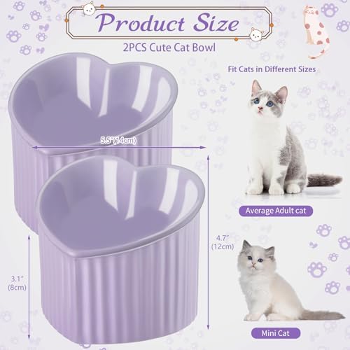 Mumufy 2 Pcs Ceramic Elevated Cat Bowls Tilted Elevated Raised Pet Bowls Anti Vomit Cat Dish for Indoor Stress Free Water Dish Feeder for Puppies, Heart Shaped (Purple) - Image 2