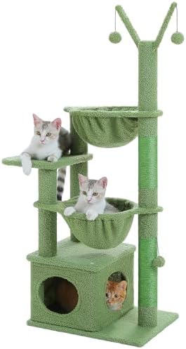 MUTTROS Cactus Cat Tree, 47.6" Cat Tower with 2 Metal Frame Hammock, Cat Scratching Post for Indoor Cats with 2 Removable Pompom Sticks for Kittens, Green by MUTTROS