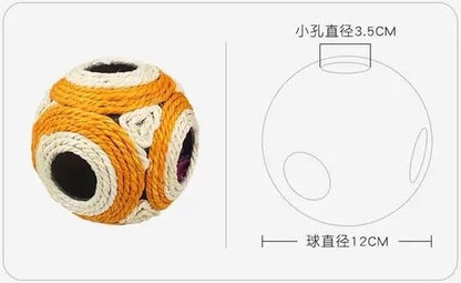 1x Hemp Ball Cat Toy,Six-Hole Hollow-Out Designed,Sisal Hemp Woven Cat Toy, Plume Bell Inside,Special Kitten Chew Toys for Indoor Cats,Interactive pet (Yellow, 12cm Ball)