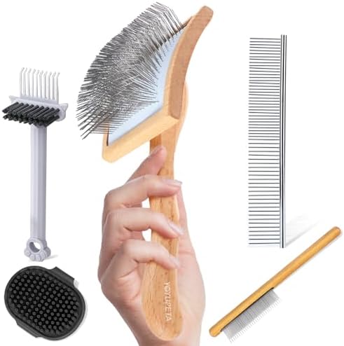 5-Piece Dog Grooming Kit, Large Long Pin Dog Slicker Brush Natural by YOYUPETA