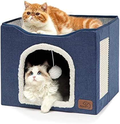 Bedsure Cat House Bed for Indoor Cats with Fluffy Ball and Scratch Pad,Blue by BEDSURE