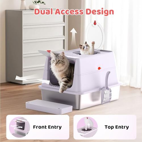 Stainless Steel Cat Litter Box with Lid, 160° Flip Top Kitty Litterbox, XL High Sided Enclosure Litter Pan for Big Cats, Front & Top Entry, Anti-Leakage, Odor-Free, Includes Scoop Mat, Purple Pink - Image 6