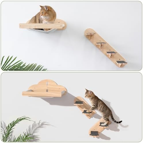 Wall Mounted Cat Hammock with 3 Climbing Steps,Pine Wood Cat Climbing Shelves & Perches up to 30lbs,Kitty Wall Shelf Furniture for Indoor Sleeping, Lounging,Climbing and Playing - Image 4