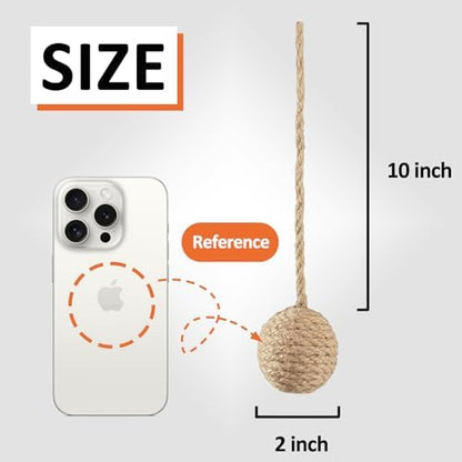 2 Inch Cat Toy Ball with 10 Inch Sisal Rope Wrapping & Quiet Bell - Natural Sisal Material for Endless Feline Fun - Image 6