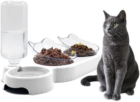 Triple Dog 3-in-1 Tilt Cat Bowls - Double Food Bowls with Automatic Water Bottle, Removable Wet & Dry Food Bowl Set for Small Cats & Puppies (White) by Y-ANNJYA
