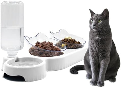 Triple Dog 3-in-1 Tilt Cat Bowls - Double Food Bowls with Automatic Water Bottle, Removable Wet & Dry Food Bowl Set for Small Cats & Puppies (White) by Y-ANNJYA