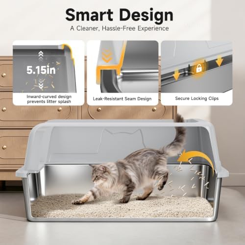 High-Sided Stainless Steel XL Cat Litter Box for Cats - Image 2