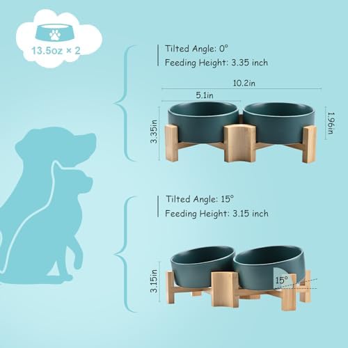 SPUNKYJUNKY 15° Slanted Ceramic Dog and Cat Bowl with Wooden Stand, Tilted Bulldog Food and Water Bowl No Slip Non-Spill for Cats Medium Dogs Big Face Pets 13.5 OZ (1.7 Cups, Green × 2) - Image 4