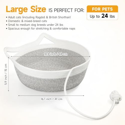Cotton Rope Woven Cat Bed, Instinct Pet Basket with a Play Ball, Large - Image 3