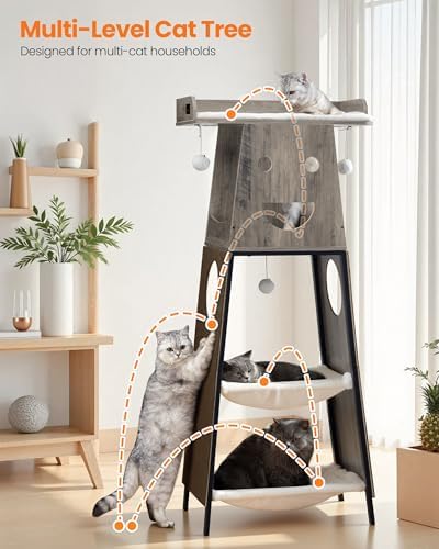56in Modern Wood Cat Tree Tower for Indoor Cats with Hammock - Image 5