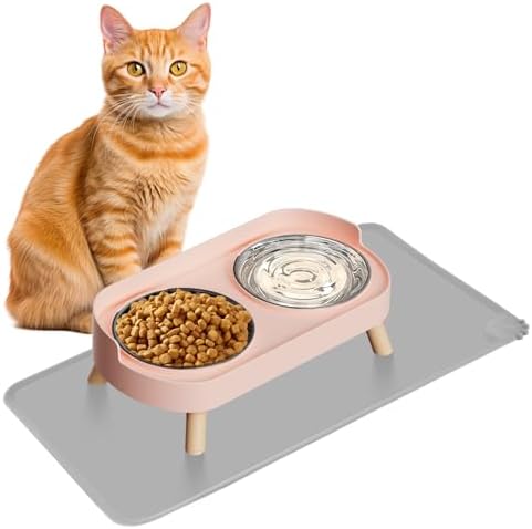 Elevated Cat Bowl with Food Mat, Raised Cat Food and Water Bowl Set for Indoor Cats, Splash Proof with 2 Stainless Steel Pet Food Bowls for Cats and Puppies,Whisker Fatigue and Dishwasher Safe (Pink) by HIAIEVIY